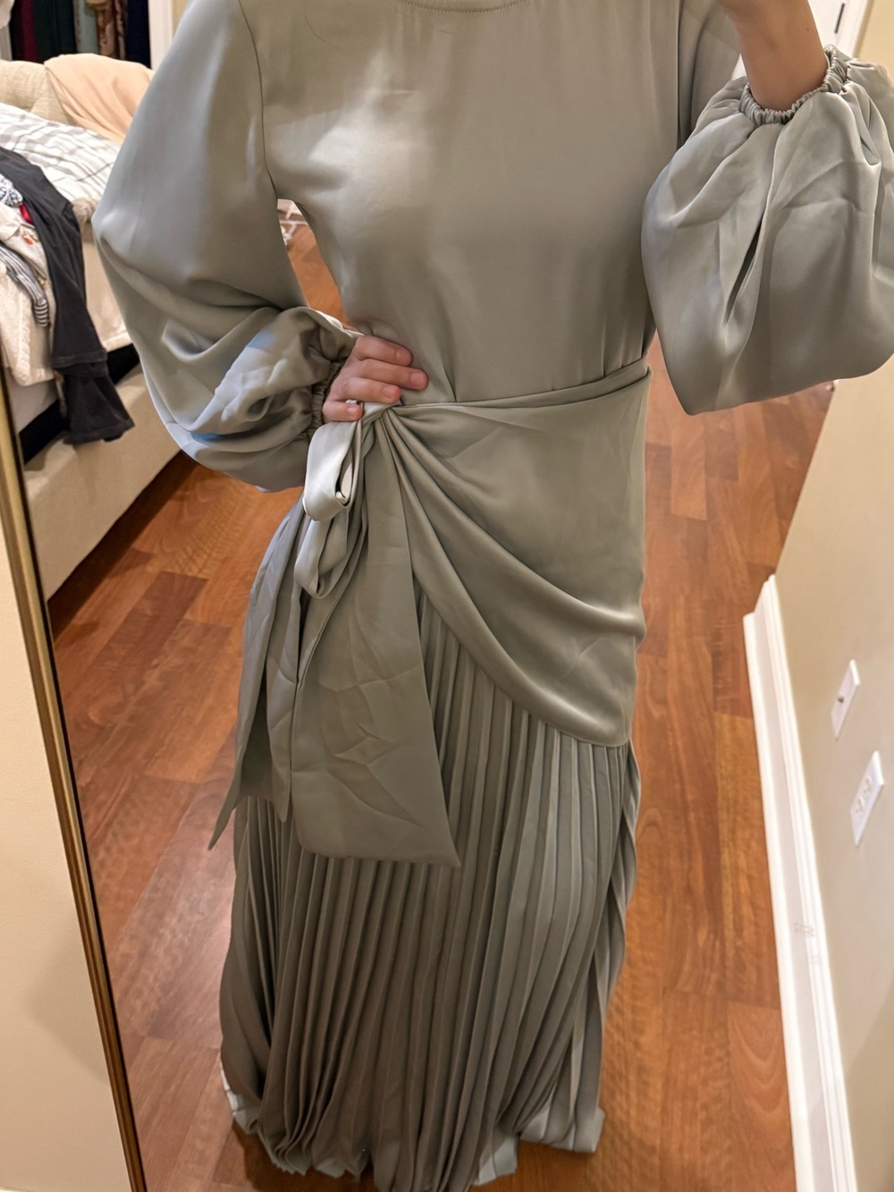 Sage Green Long Sleeve Pleated Waist-Tie Dress